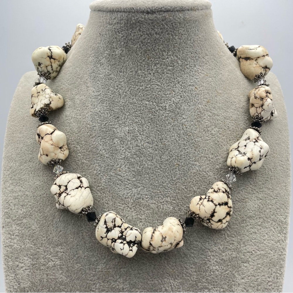Chunky White Howlite Nugget Necklace with Black Crystal Accents & Toggle